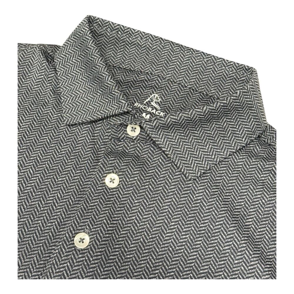 Rhoback M Black Gray Chevron Herring Bones Polo Shirt Athleisure Relax Golf - Picture 8 of 10